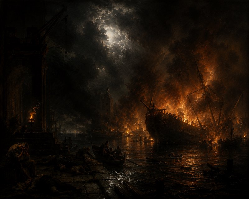 Dark moonlit harbor with burning ships and fiery wreckage glowing on the water.