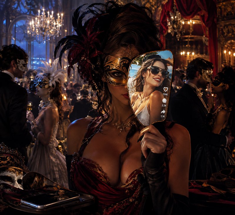 Woman in an ornate masquerade mask holds a phone displaying a vacation selfie at a lavish Venetia...