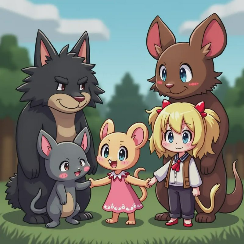 Cute group of anthropomorphic animals and a girl holding hands in a sunny park.