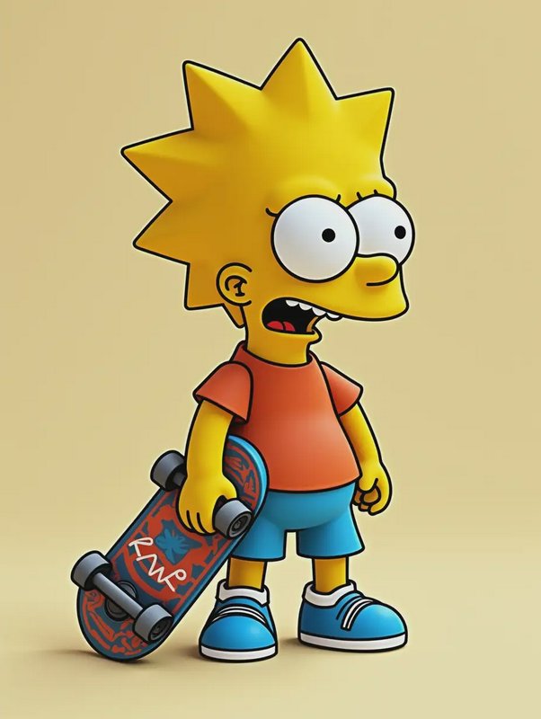 Bart Simpson standing with a skateboard, bright yellow skin and orange shirt.