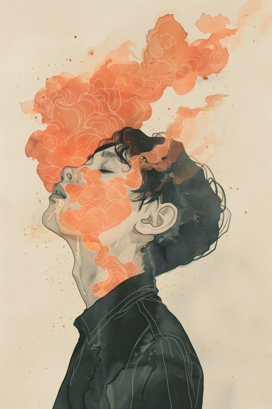 Illustration of a person in profile with orange smoke/floral swirls flowing from the mouth.