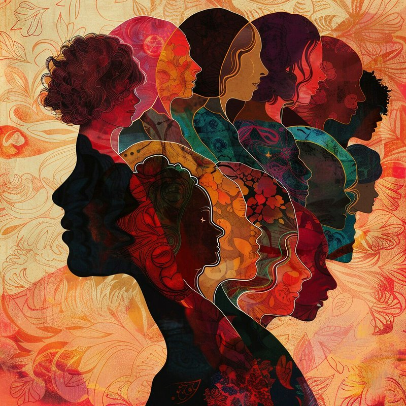 Multicolored layered silhouettes of diverse women's profiles in a floral, abstract collage