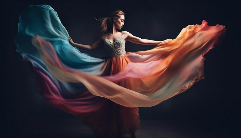 Dancer in a flowing multicolored fabric cape, mid-motion against a dark background.