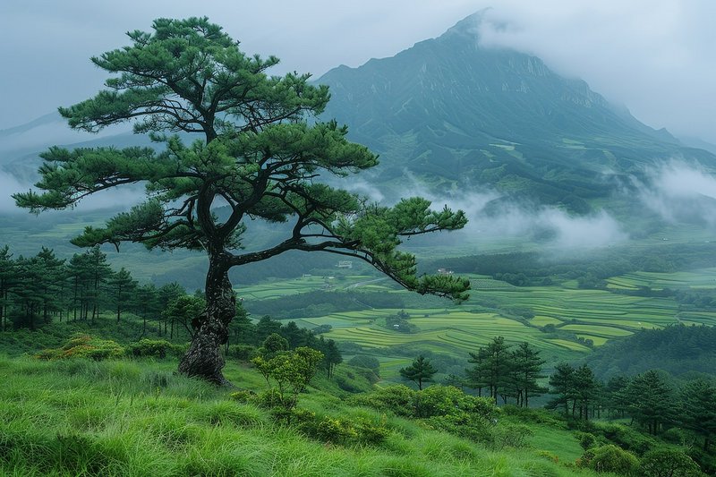 Wind-sculpted pine on a misty green valley with terraced fields and distant mountains.