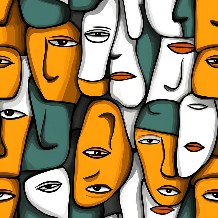 Abstract mosaic of stylized orange, white, and green faces in bold outlines.