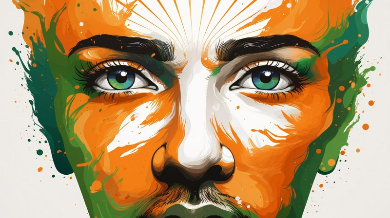 Close-up stylized portrait in orange, green, and white splash colors.