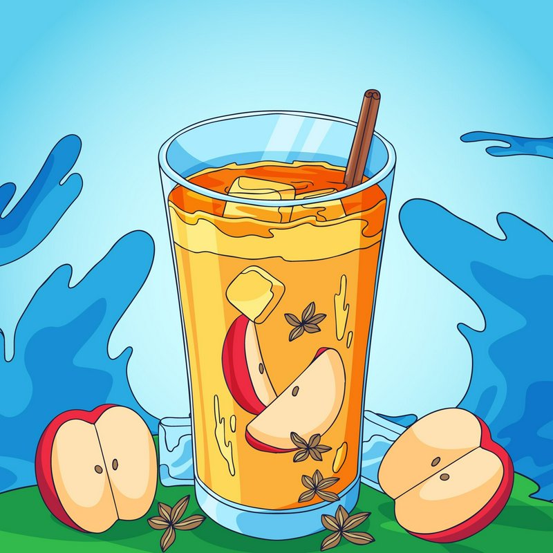 Glass of iced peach tea with peach slices, ice cubes, cinnamon stick and star anise.