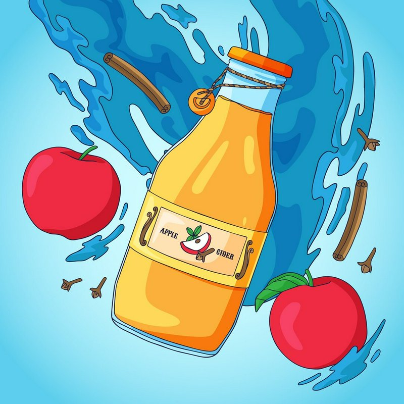Bottle of apple cider with apples and cinnamon sticks amid a splashy blue background.