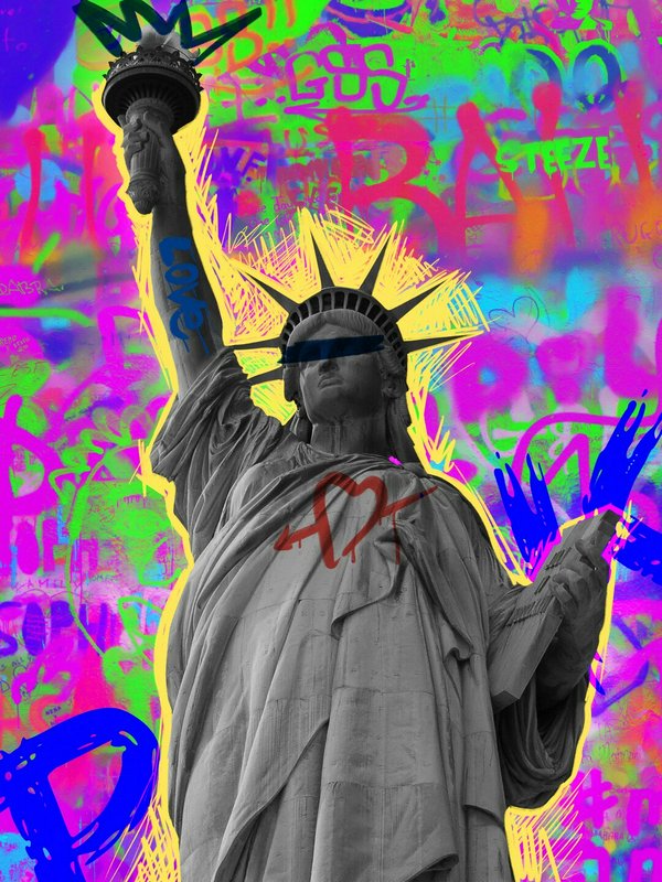 Statue of Liberty amid neon graffiti, blue eye band, red heart on chest, yellow halo against a vi...