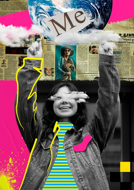 Casual woman in a denim jacket raises arms under a globe labeled “Me” in a vibrant collage.
