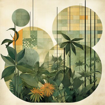 Abstract tropical garden with geometric circle shapes and palm leaves, vintage pastel colors.