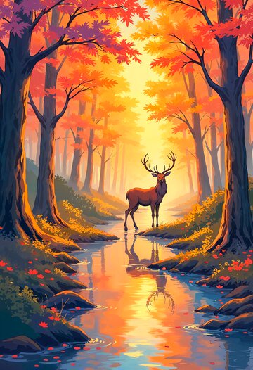 Autumn forest scene with a lone deer standing by a reflective stream under orange and yellow foli...