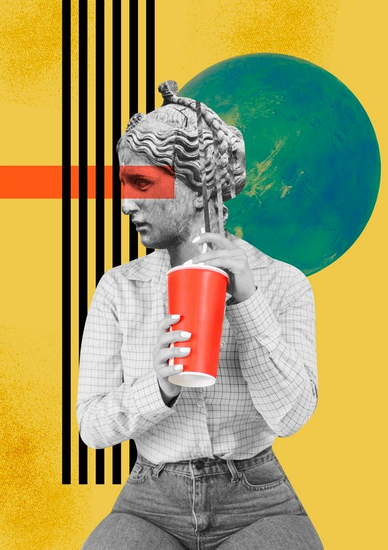 Surreal collage of a statue head on a human body sipping from a red cup against yellow background...