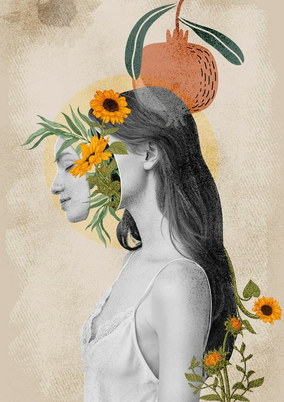 Collage portrait of a woman in profile with flowers and a peach integrated into her head.