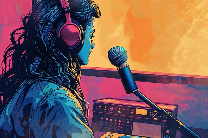 Illustration of a woman with pink headphones singing into a microphone in a colorful recording st...