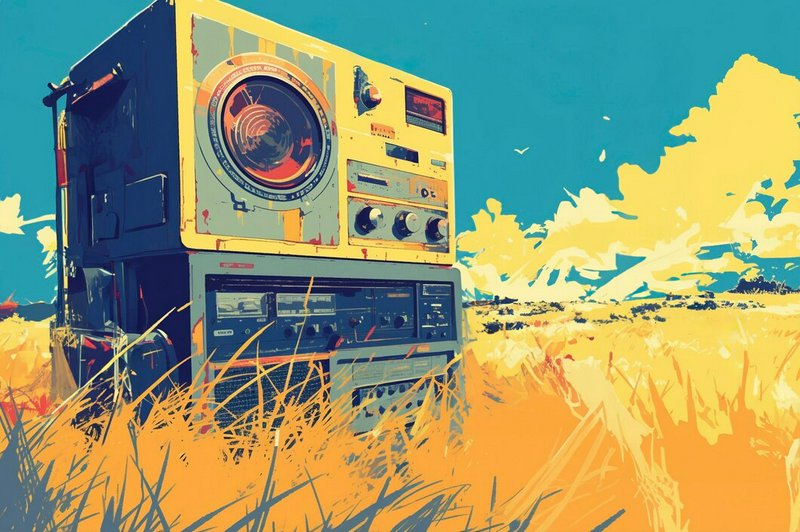Vintage boombox abandoned in a golden field under a bright blue sky.