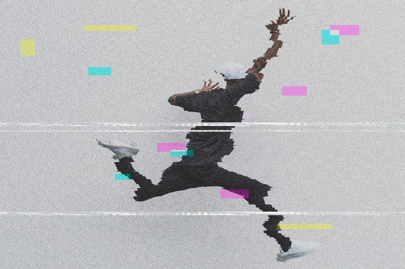Glitch-art silhouette of a person leaping mid-air with colorful rectangular mist.