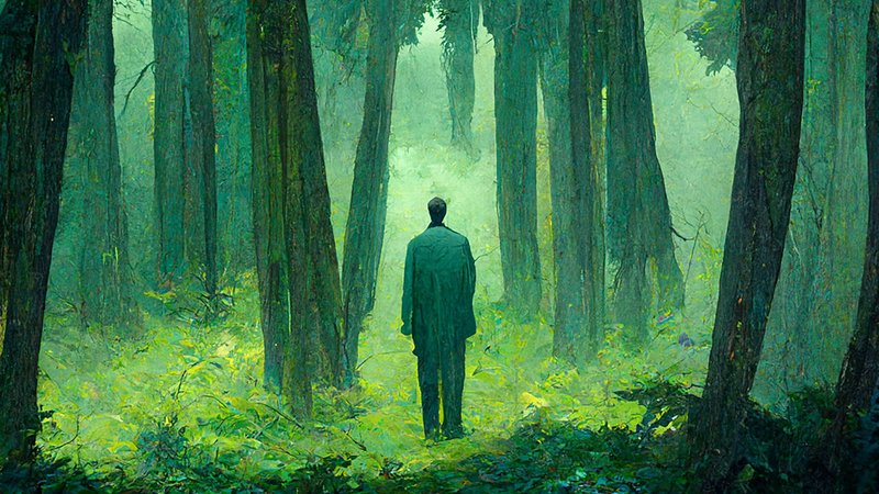A lone man in a suit walking through a lush, misty green forest.