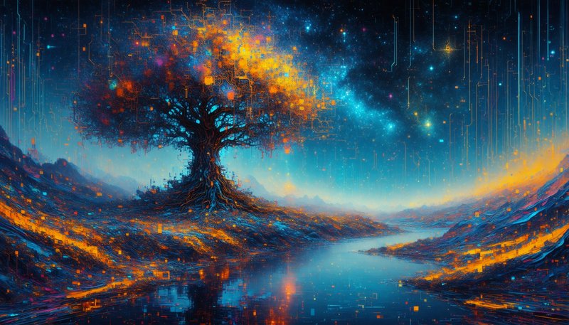 Surreal neon-lit tree in a glowing valley with a reflective river.