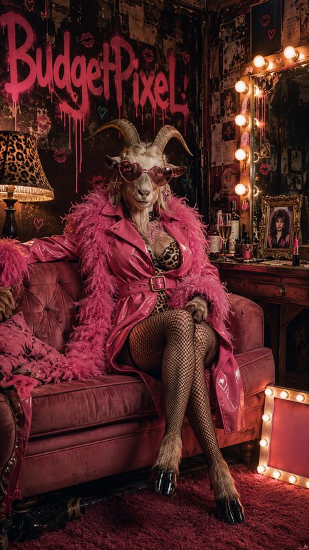 Glamorous anthropomorphic goat in pink feathered coat and heart sunglasses sits on a plush pink c...