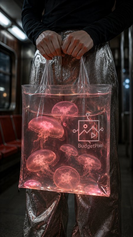 Person holding a clear water-filled tote bag with glowing pink jellyfish inside, standing in a di...