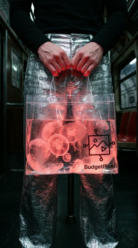 Person holding a clear transparent tote bag with glowing pink jellyfish inside, standing in a sub...