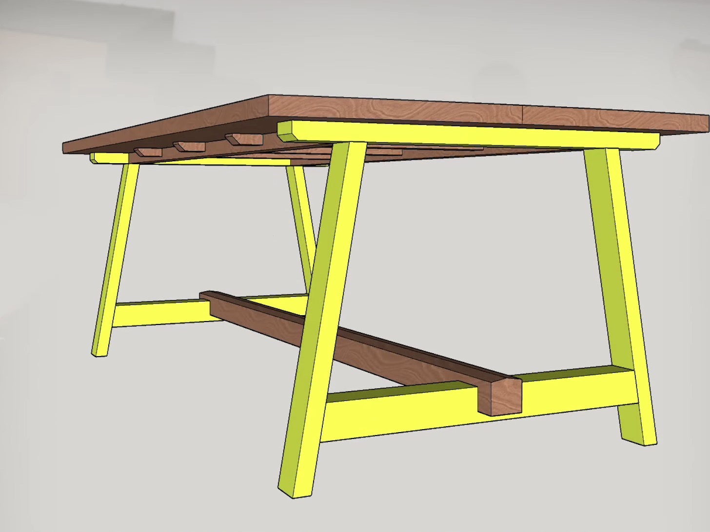 3D-rendered yellow-framed woodworking workbench with brown wooden top