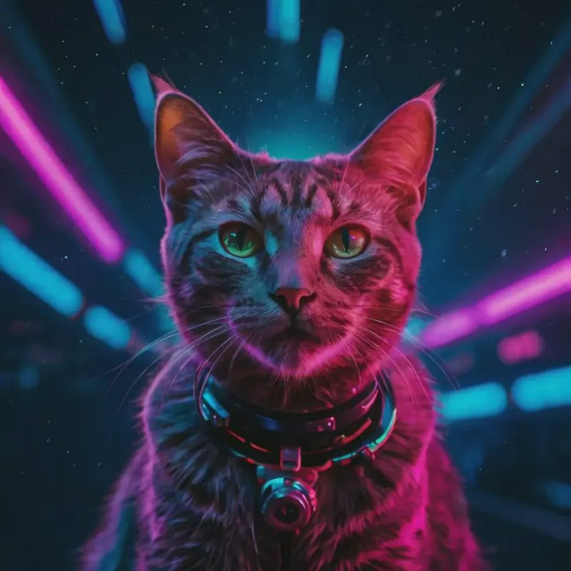 Cat wearing a collar under neon pink and blue lights in a sci-fi underground setting.