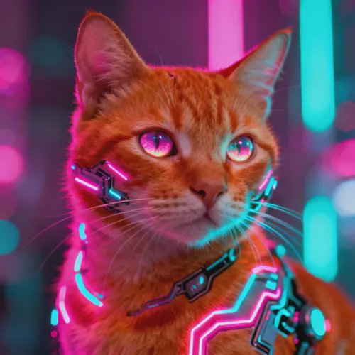 Orange cat with glowing cyan and pink cyberpunk lights on face and neck.