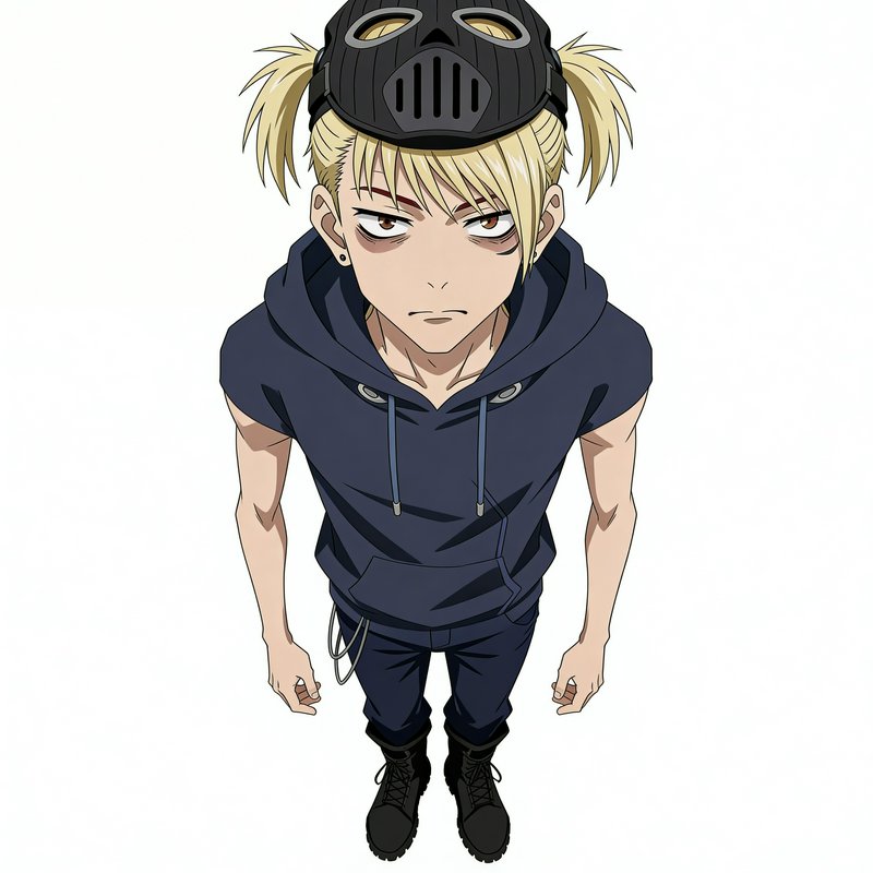 Anime-style character wearing a gas mask helmet, dark hoodie, and combat boots, viewed from above.