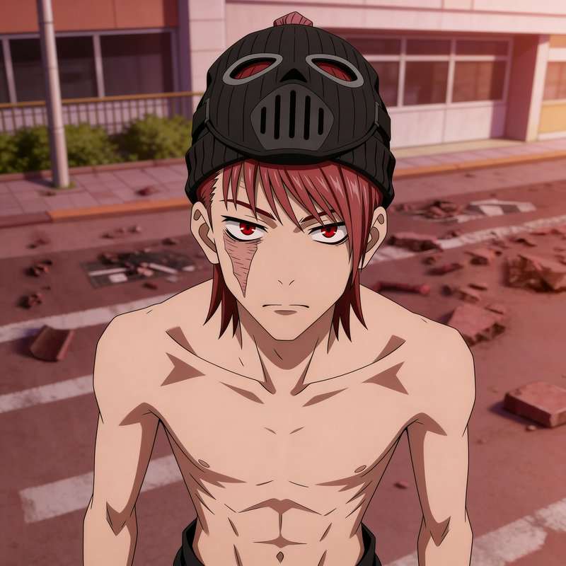Anime-style shirtless male character wearing a black gas mask helmet in a ruined urban setting.
