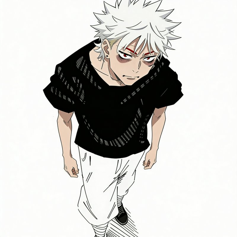 Anime character with spiky white hair, black shirt, white pants, and intense red-eyed stare.