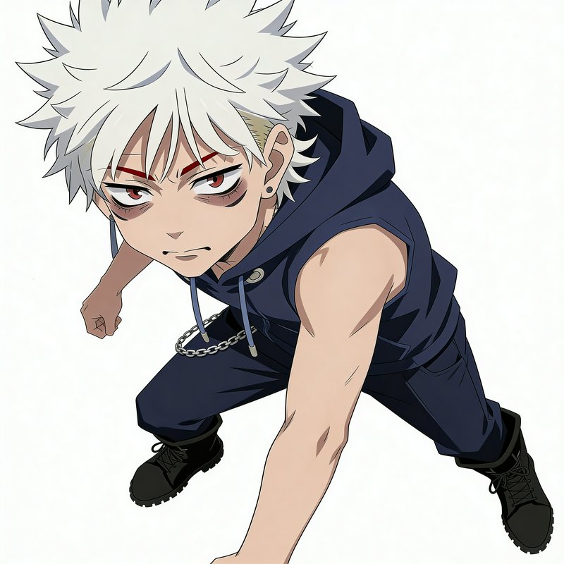 Anime-style young male with spiky white hair, sleeveless navy hoodie, black pants, and combat boo...