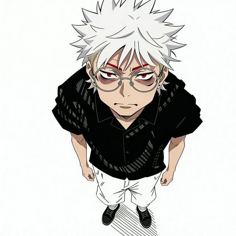 Anime-style character with white spiky hair, glasses, black shirt, and white pants, viewed from a...