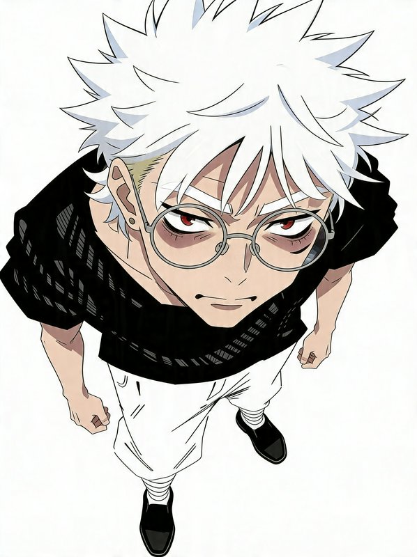 Top-down anime character with white spiky hair, glasses, black shirt, and white pants looking up.