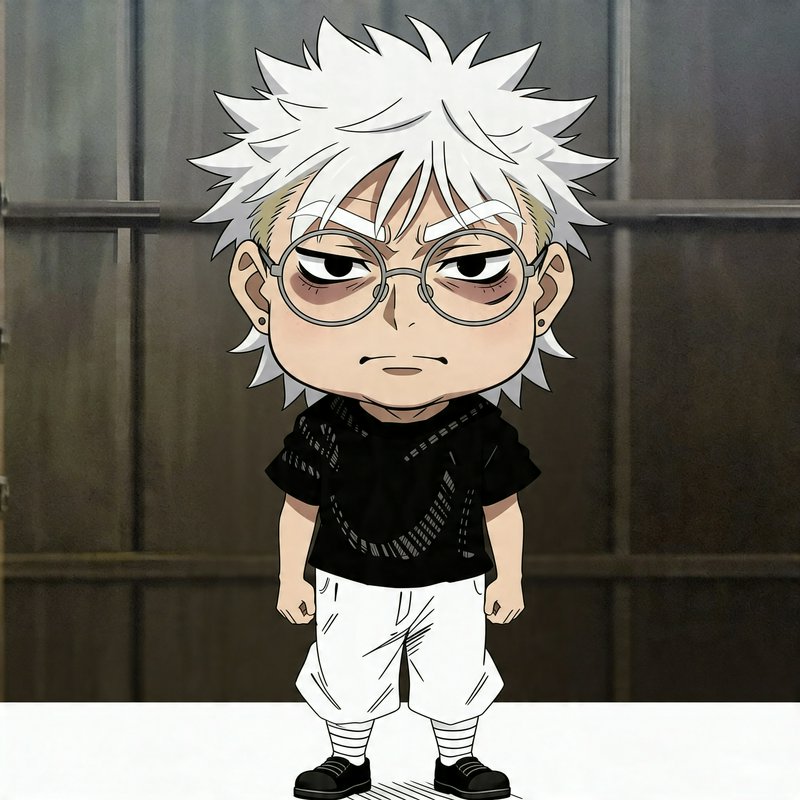 Chibi anime figure with white spiky hair, round glasses, black shirt, and white shorts