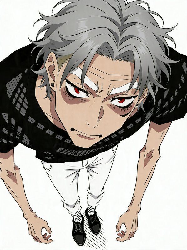 Anime character with gray hair, red eyes, black shirt, white pants, viewed from above.