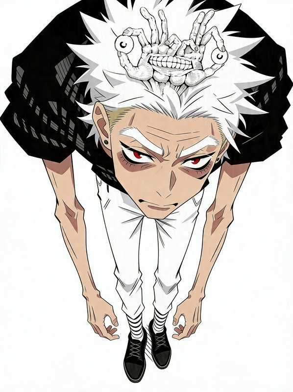 Top-down view of an anime character with spiky white hair, red eyes, wearing a white outfit and b...