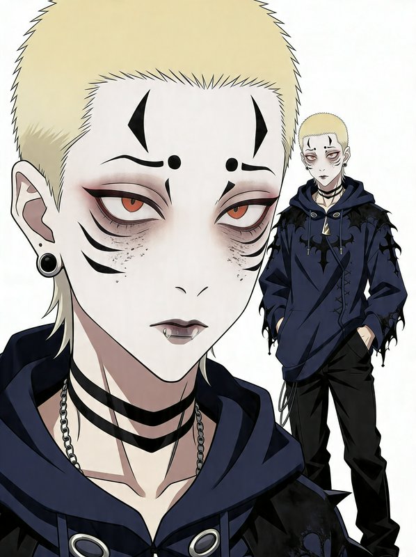 Pale-haired anime goth with dark makeup and piercings, shown in a blue hoodie and layered accesso...