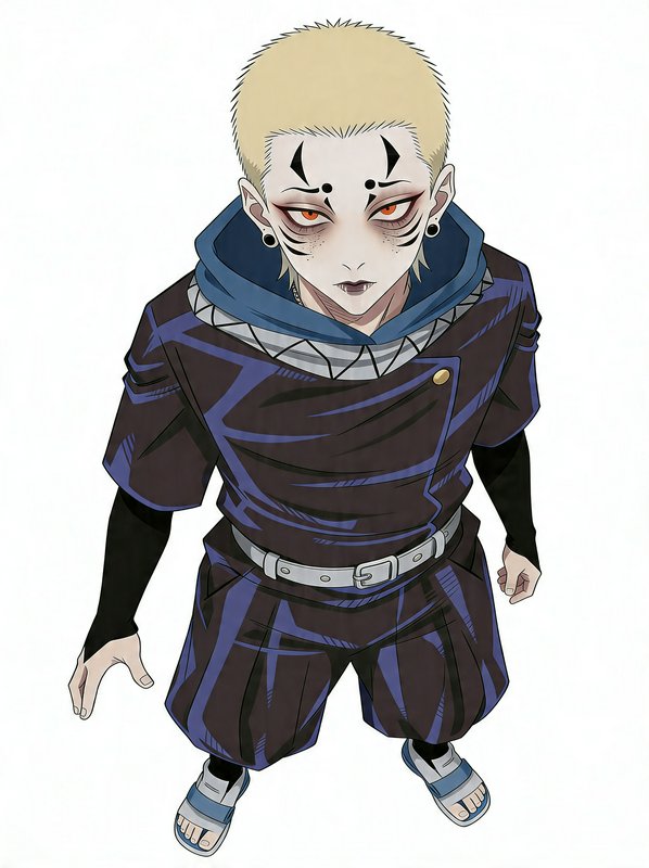 Anime-style character with short blond hair, pale skin, red eyes, facial markings, wearing a dark...