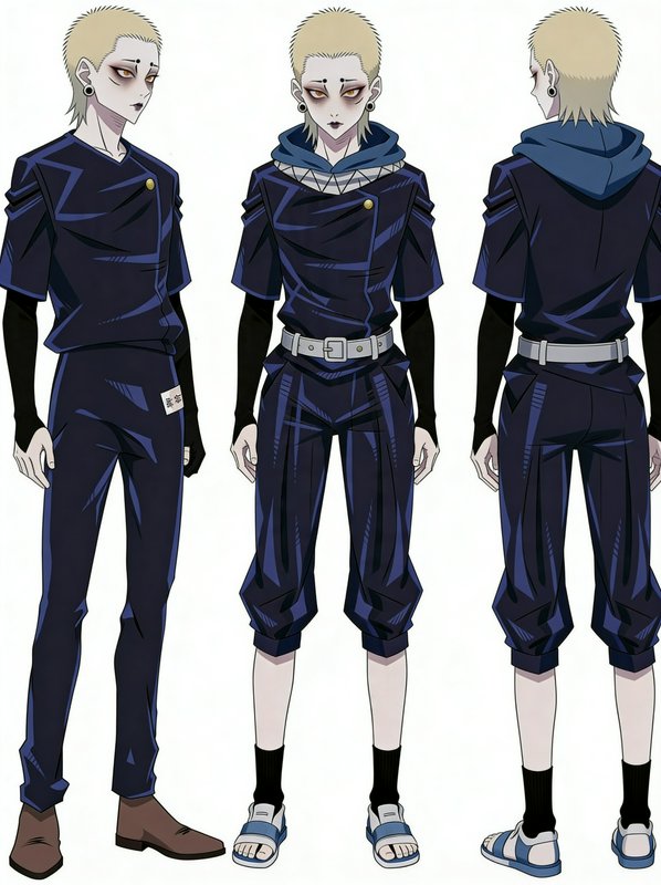 Sonic-haired, pale-skinned character in dark blue, futuristic jumpsuit, shown from front, side, a...