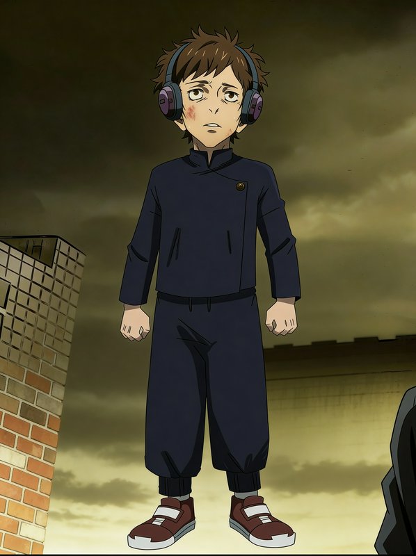 Young anime boy wearing oversized headphones in a dark urban setting with a moody sky.