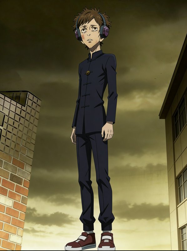 A tall anime boy in a dark Chinese-style suit with headphones, standing on a city street at dusk.