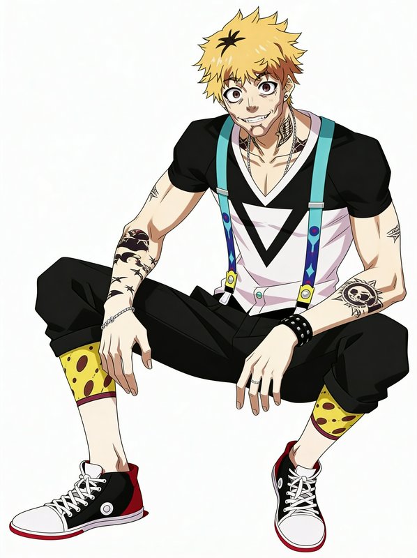 Anime-style male character with spiky blond hair in black-and-white outfit, turquoise suspenders,...