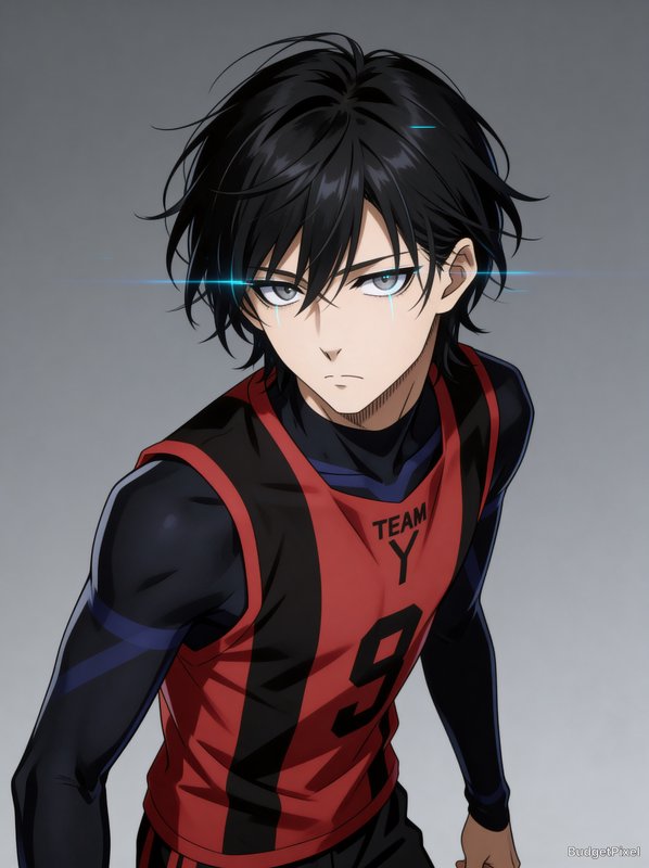 Anime-style boy with black messy hair in a red and black basketball jersey, intense gaze, team Y #9.