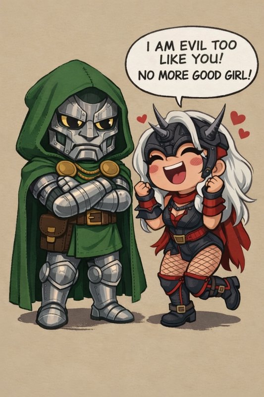 Cartoon armored villain in a green hooded cloak beside a smiling horned heroine, both in chibi st...