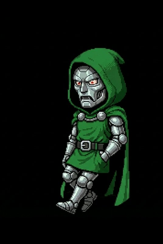 Pixel art robotic skeleton in a green hooded cape against a black background.