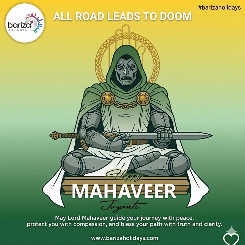 Illustrated armored Mahavir figure with sword, seated in meditation with halo, gradient background.