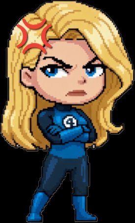 Pixel art superheroine with blonde hair, blue suit, arms crossed, an angry expression.