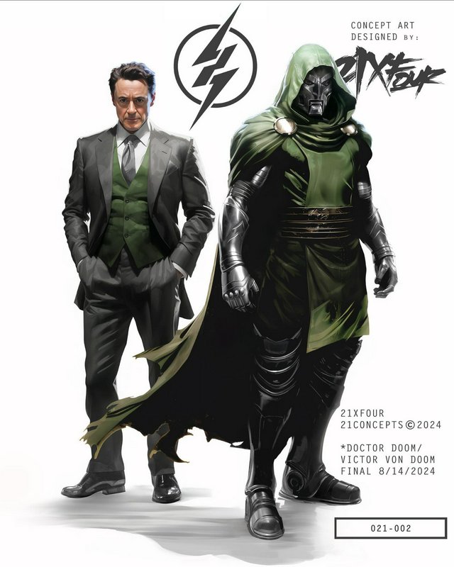 Two concept art figures: a sharp-suited man beside a Doctor Doom–inspired armored figure with a g...